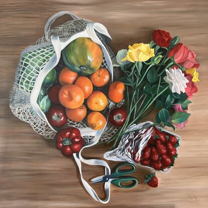 Large-scale oil painting of Fruit and flowers laying on a table. 