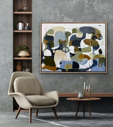 Many rounded shapes in natural tones forming an abstract scene, depicting nature