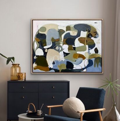 Many rounded shapes in natural tones forming an abstract scene, depicting nature