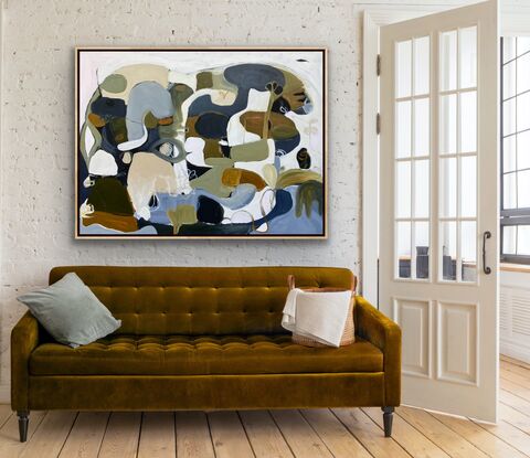 Many rounded shapes in natural tones forming an abstract scene, depicting nature