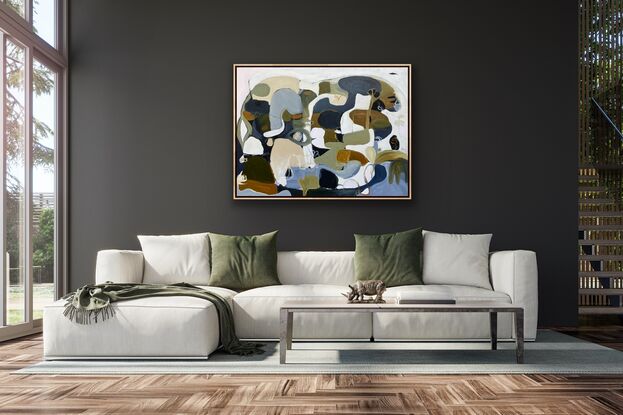 Many rounded shapes in natural tones forming an abstract scene, depicting nature