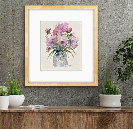 A bouquet of soft pastel roses and buds in pink and mauve in a glass vase