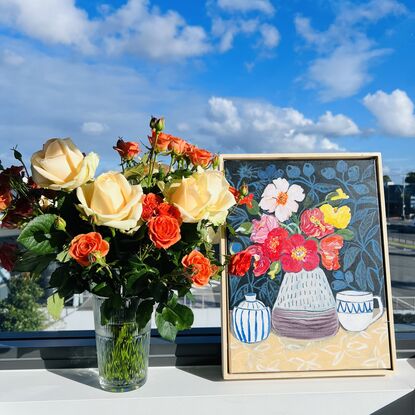 Poppies in handmade pottery. A Japanese style cup. Blue and white pottery. Wildflowers wallpaper. Gum tree blue 