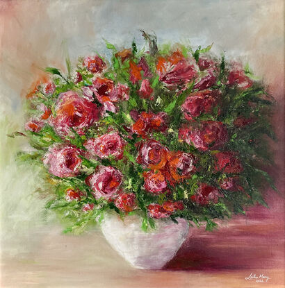 A white flower vase with a bunch of red flowers on a large canvas