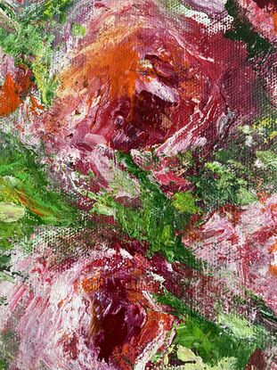 A white flower vase with a bunch of red flowers on a large canvas