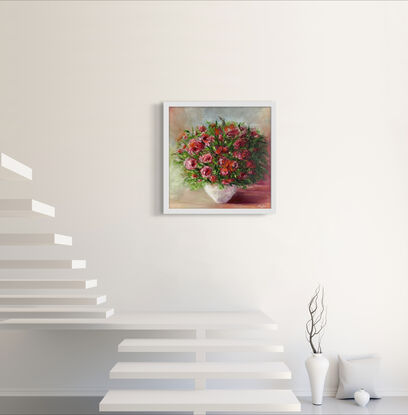 A white flower vase with a bunch of red flowers on a large canvas