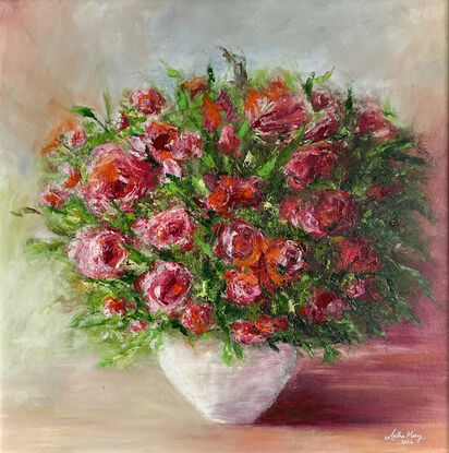 A white flower vase with a bunch of red flowers on a large canvas