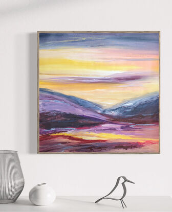 A seascape of mountains clouds drifting over an ocean. Highly textured  artwork in acrylic,