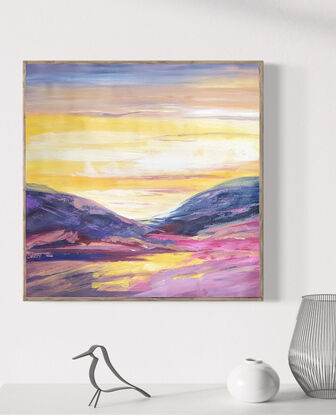 A seascape of mountains clouds drifting over an ocean. Highly textured  artwork in acrylic,