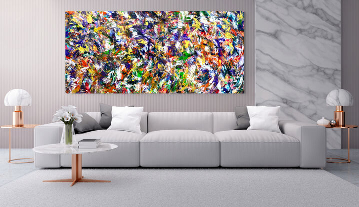 Images show the painting in two lounge rooms