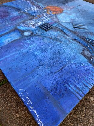 Blue mixed media abstract artwork