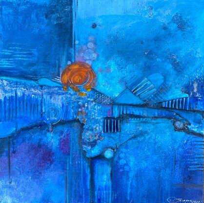 Blue mixed media abstract artwork