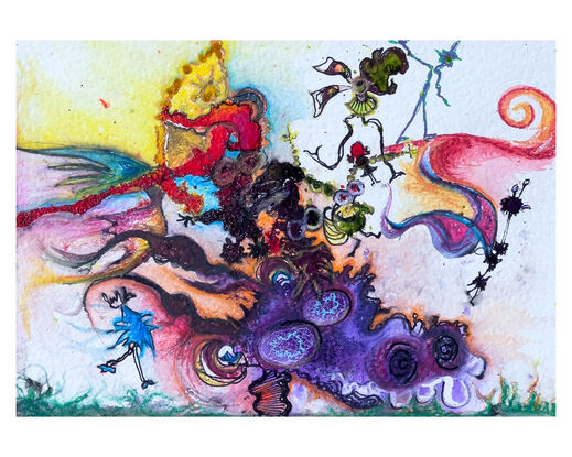 crazy colourful creatures exploding from the head of a purple dragon