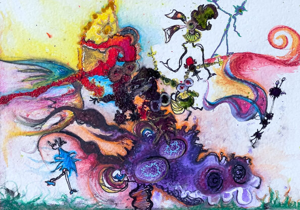 crazy colourful creatures exploding from the head of a purple dragon