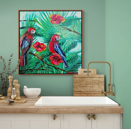 his painting depicts two vibrant rosella parrots perched among lush green foliage and bright red flowers. The birds, predominantly red with blue accents on their wings and tails, are positioned in a lively tropical setting.