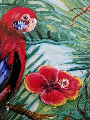 his painting depicts two vibrant rosella parrots perched among lush green foliage and bright red flowers. The birds, predominantly red with blue accents on their wings and tails, are positioned in a lively tropical setting.