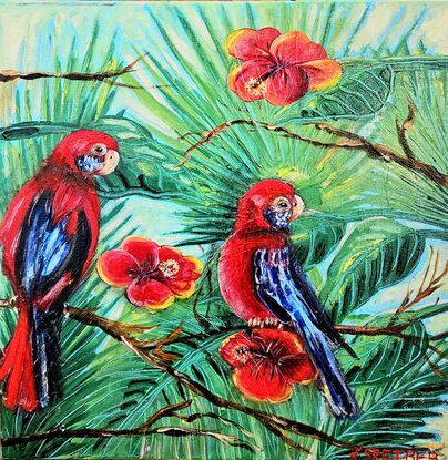 his painting depicts two vibrant rosella parrots perched among lush green foliage and bright red flowers. The birds, predominantly red with blue accents on their wings and tails, are positioned in a lively tropical setting.