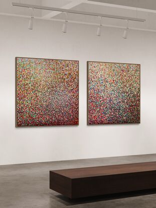 'Golden Banksia A and B' By George Hall. This painting showcases a fusion of colors, inspired by Australian gardens, to represent nature's uninhibited spirit. This work, with it's relaxed detailing, encourage personal interpretation, moving away from literal representation to capture nature's spontaneous dance.

This artwork is highlighted with metallic gold paint.

Canvas Measurements:
'Golden Banksia A' - 127cm x 127cm x 3.5cm / 50" x 50" x 1.18"
'Golden Banksia B' - 127cm x 127cm x 3.5cm / 50" x 50" x 1.18"