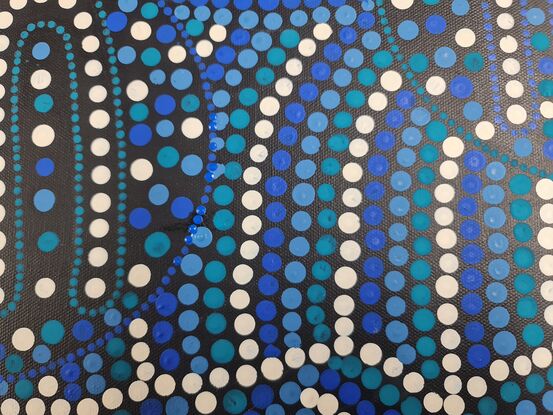 This painting represents Aboriginal kinship, which reflects where a person fits into family and community, the value of kinship is the relationship, obligation and behavior we have towards each other.