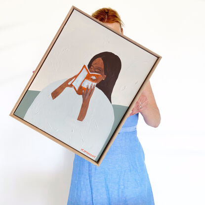 green background, woman reading book on face