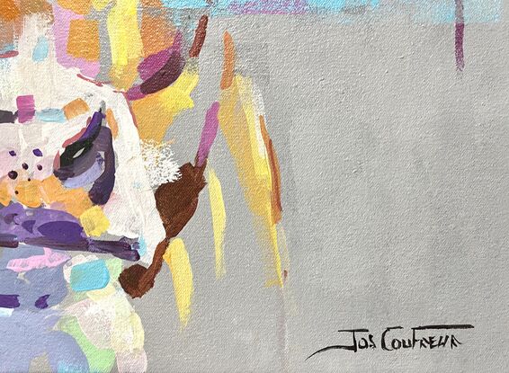 Portrait of a cow on a neutral gray background with pops of colour in the face of the cow. 