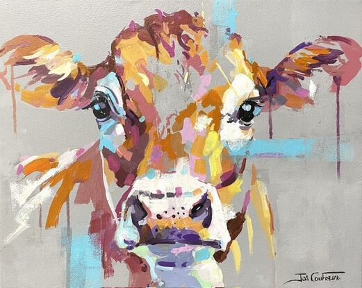 Portrait of a cow on a neutral gray background with pops of colour in the face of the cow. 