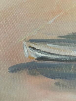 Yacht on a misty bay, morning, apricot colours