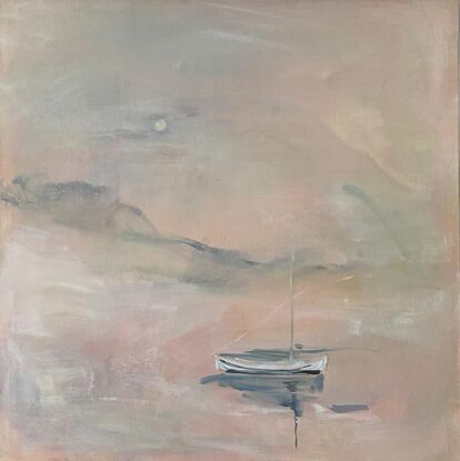 Yacht on a misty bay, morning, apricot colours