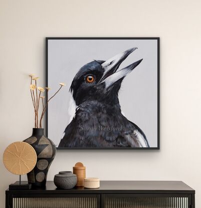 This  fine art print is of an Original painting of an ‘up close’ acrylic realism painting of an Australian Magpie.