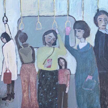 This artwork will be exclusively avaliable to purchase at Affordable Art Fair Melbourne (29th August- 1st September).
The painting depicts a group of people standing in a train carriage. 