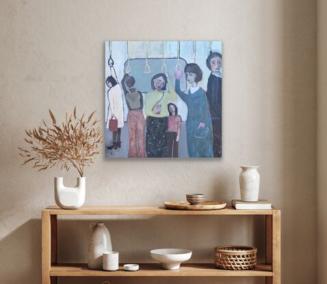 This artwork will be exclusively avaliable to purchase at Affordable Art Fair Melbourne (29th August- 1st September).
The painting depicts a group of people standing in a train carriage. 