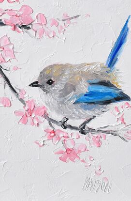 A very thickly textured oil painting of pink Japanese Cherry Blossom with a Splendid Fairy Wren perched on a branch.