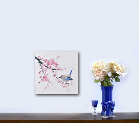 A very thickly textured oil painting of pink Japanese Cherry Blossom with a Splendid Fairy Wren perched on a branch.