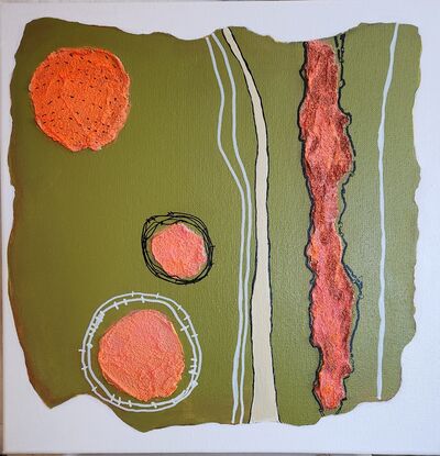 Small painting main colours olive green with orange brown sand  textured areas  and black markings  in ink highlights   textured shapes. Topography view of landscape .  Style modern flat areas and raised textured areas. Main colour olive green with orange bronze accents. 