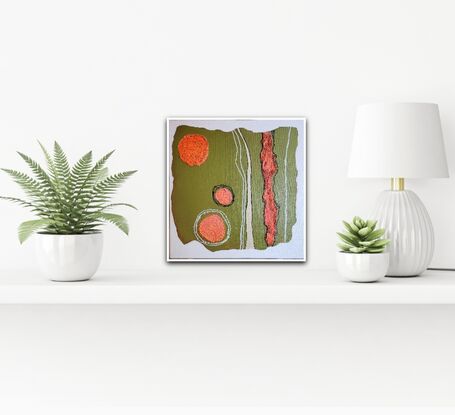 Small painting main colours olive green with orange brown sand  textured areas  and black markings  in ink highlights   textured shapes. Topography view of landscape .  Style modern flat areas and raised textured areas. Main colour olive green with orange bronze accents. 