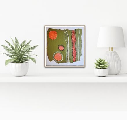 Small painting main colours olive green with orange brown sand  textured areas  and black markings  in ink highlights   textured shapes. Topography view of landscape .  Style modern flat areas and raised textured areas. Main colour olive green with orange bronze accents. 