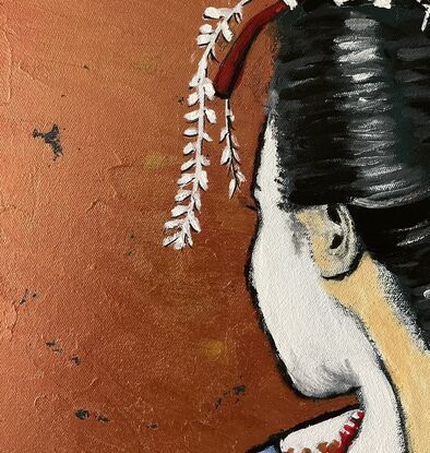 Back of head profile of geisha with bronze/copper textured background