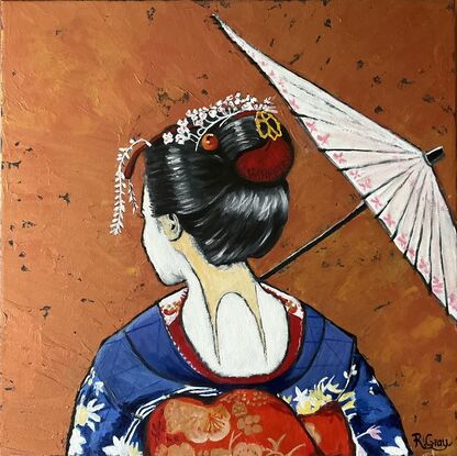 Back of head profile of geisha with bronze/copper textured background