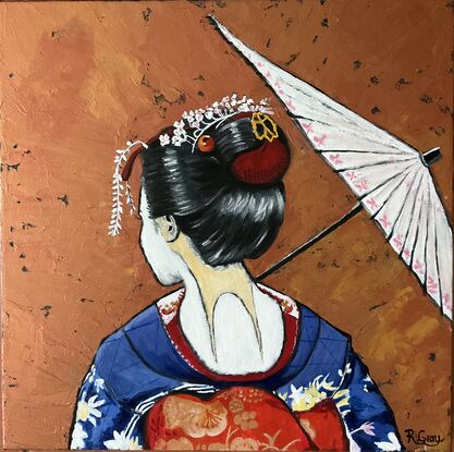 Back of head profile of geisha with bronze/copper textured background