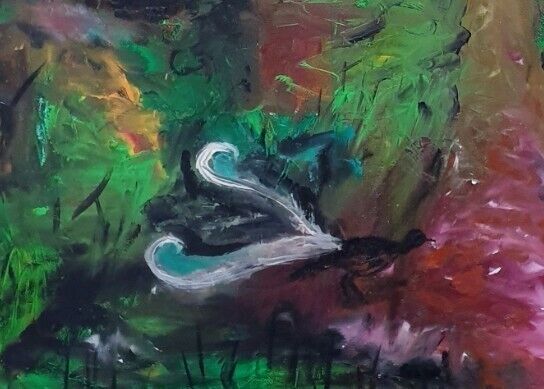  Impressionist landscape oil painting with Lyre Bird.. 