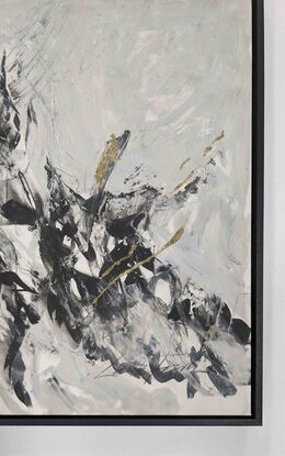 a large abstract landscape in shades of black, grey and white inspired by trees, branches and light. there is metallic gold leaf.