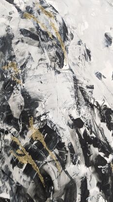 a large abstract landscape in shades of black, grey and white inspired by trees, branches and light. there is metallic gold leaf.