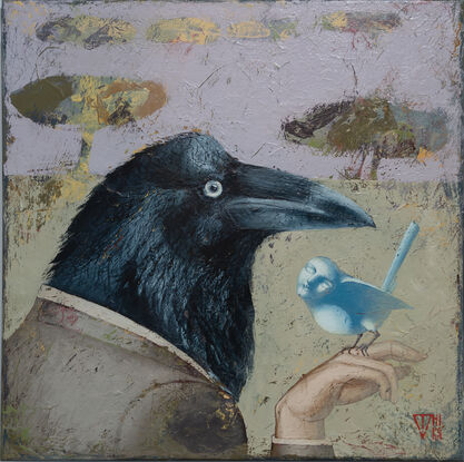 A person with the head of an Australian raven holding a blue fairy-wren on his hand. The bird has a human face. The background is a landscape with a field and trees behind them.