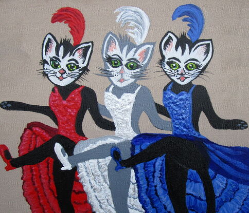 Two black cats and a grey cat in costume doing the can can dance.