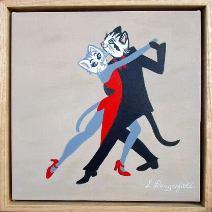 A black cat and a grey cat in costume doing the tango.