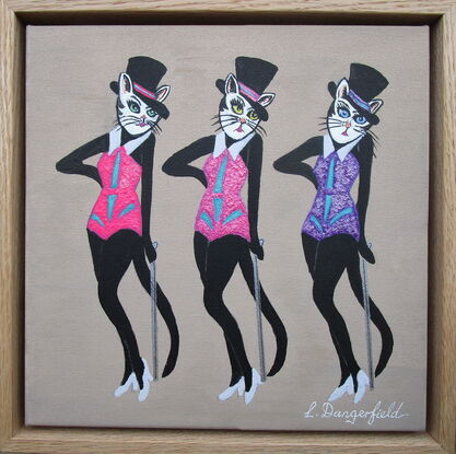 Three black cats in top hats and glittering costumes doing a vaudeville dance