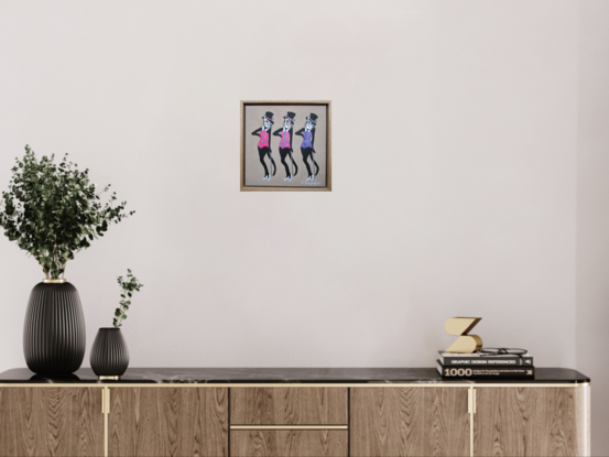 Three black cats in top hats and glittering costumes doing a vaudeville dance