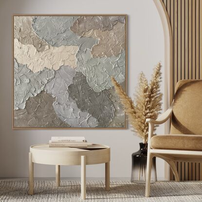 Thick textured clouds of muted shades of brown, beige and soft powder blues form organic shapes that overlap   each other.