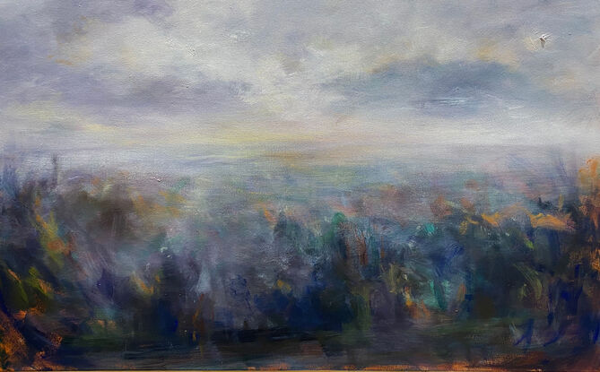 Stylistic landscape horizon view with expressive brushstrokes in greys, aqua and ochre tones