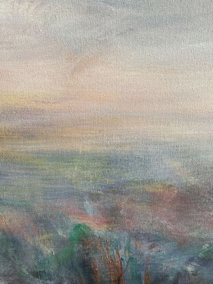 Stylistic landscape horizon view with expressive brushstrokes in greys, aqua and ochre tones